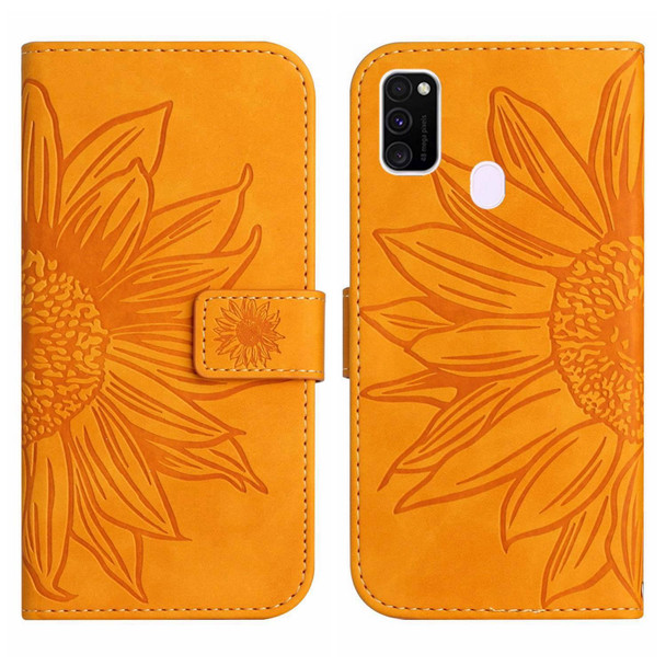 For Samsung Galaxy M21/M30S Skin Feel Sun Flower Pattern Flip Leatherette Phone Case with Lanyard(Yellow)