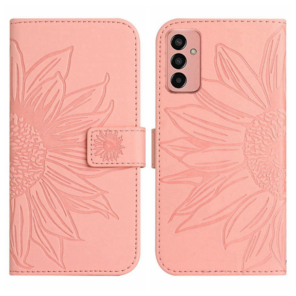 For Samsung Galaxy M23 5G Skin Feel Sun Flower Pattern Flip Leatherette Phone Case with Lanyard(Pink)