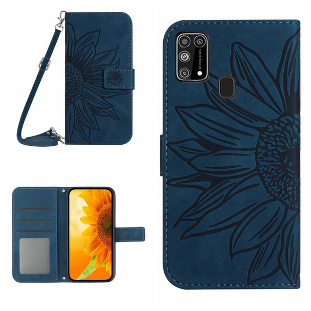 For Samsung Galaxy M31/M21S Skin Feel Sun Flower Pattern Flip Leatherette Phone Case with Lanyard(Inky Blue)