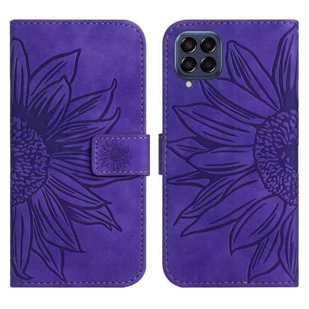 For Samsung Galaxy M53 5G Skin Feel Sun Flower Pattern Flip Leatherette Phone Case with Lanyard(Dark Purple)