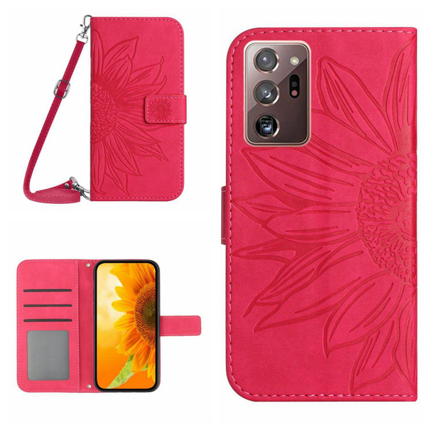 For Samsung Galaxy Note20 Ultra Skin Feel Sun Flower Pattern Flip Leatherette Phone Case with Lanyard(Rose Red)