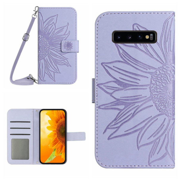 For Samsung Galaxy S10+ Skin Feel Sun Flower Pattern Flip Leatherette Phone Case with Lanyard(Purple)