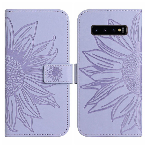 For Samsung Galaxy S10 Skin Feel Sun Flower Pattern Flip Leatherette Phone Case with Lanyard(Purple)