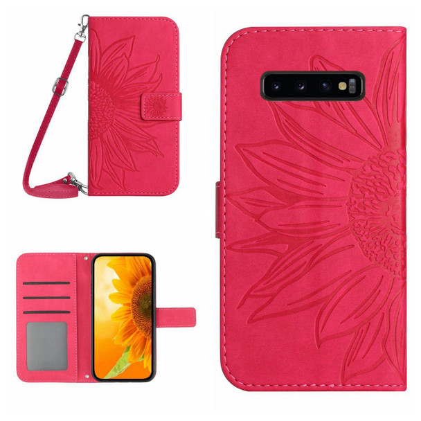 For Samsung Galaxy S10 Skin Feel Sun Flower Pattern Flip Leatherette Phone Case with Lanyard(Rose Red)