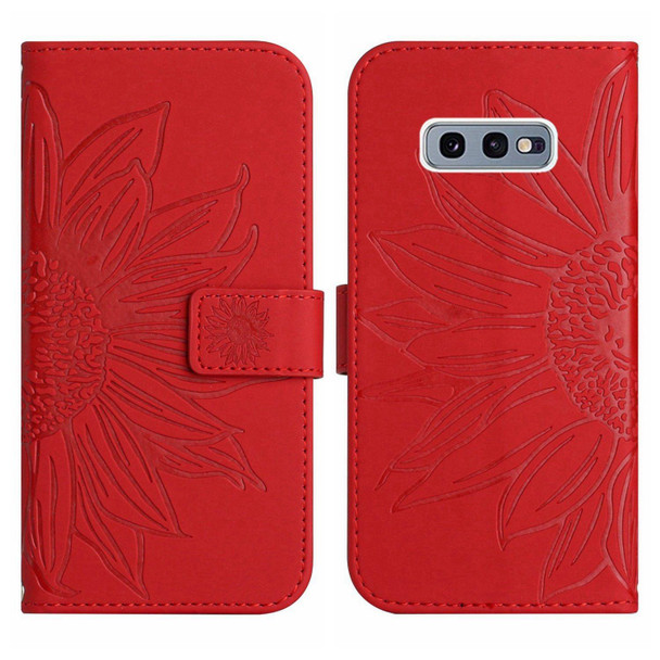 For Samsung Galaxy S10E Skin Feel Sun Flower Pattern Flip Leatherette Phone Case with Lanyard(Red)