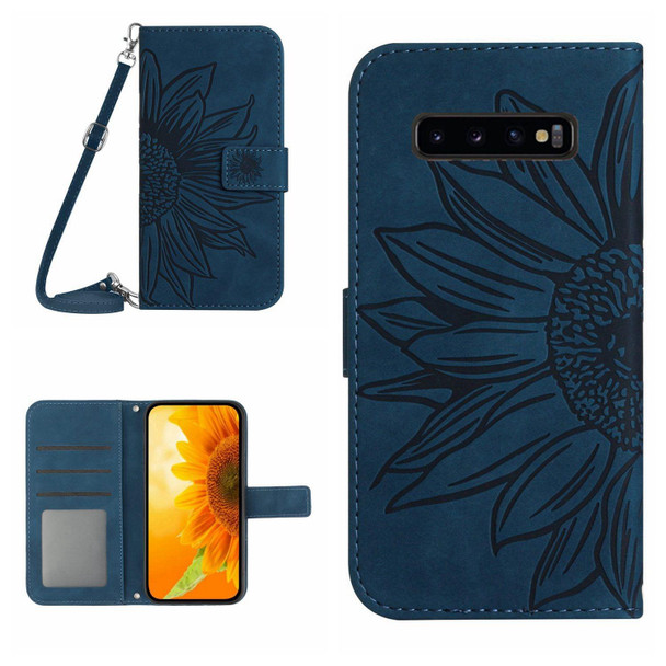 For Samsung Galaxy S10+ Skin Feel Sun Flower Pattern Flip Leatherette Phone Case with Lanyard(Inky Blue)