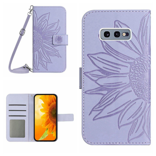 For Samsung Galaxy S10E Skin Feel Sun Flower Pattern Flip Leatherette Phone Case with Lanyard(Purple)