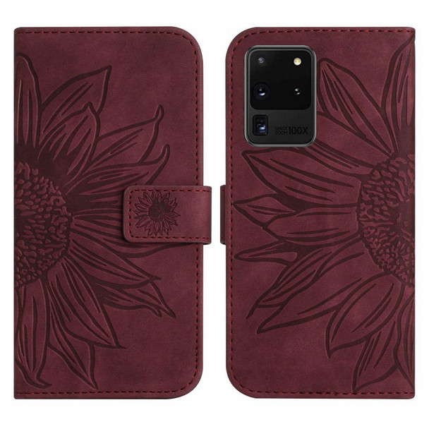 For Samsung Galaxy S20 Ultra Skin Feel Sun Flower Pattern Flip Leatherette Phone Case with Lanyard(Wine Red)