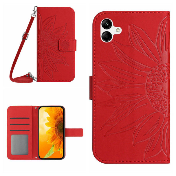 For Samsung Galaxy A04E Skin Feel Sun Flower Pattern Flip Leatherette Phone Case with Lanyard(Red)