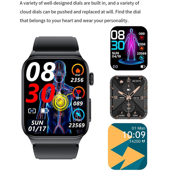 E500 1.83 inch HD Square Screen Leatherette Watch Strap Smart Watch Supports ECG Monitoring / Non-invasive Blood Sugar(Black)