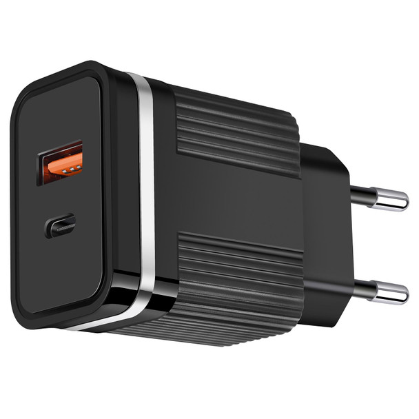 RSY USB + USB-C / Type-C Dual Ports Fast Charging Travel Charger, EU Plug(Black)