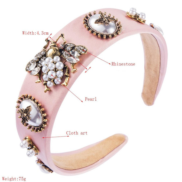 Bee Inlaid Rhinestone Headband Pearl Headband Widen Brim Headband(Pink)