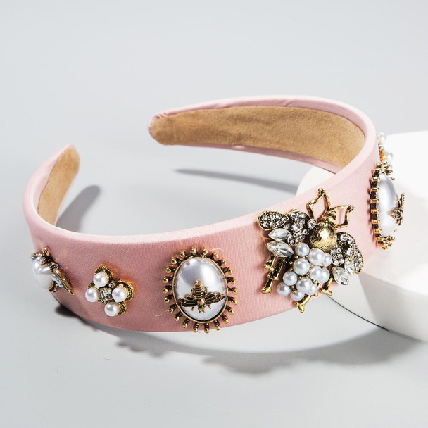 Bee Inlaid Rhinestone Headband Pearl Headband Widen Brim Headband(Pink)