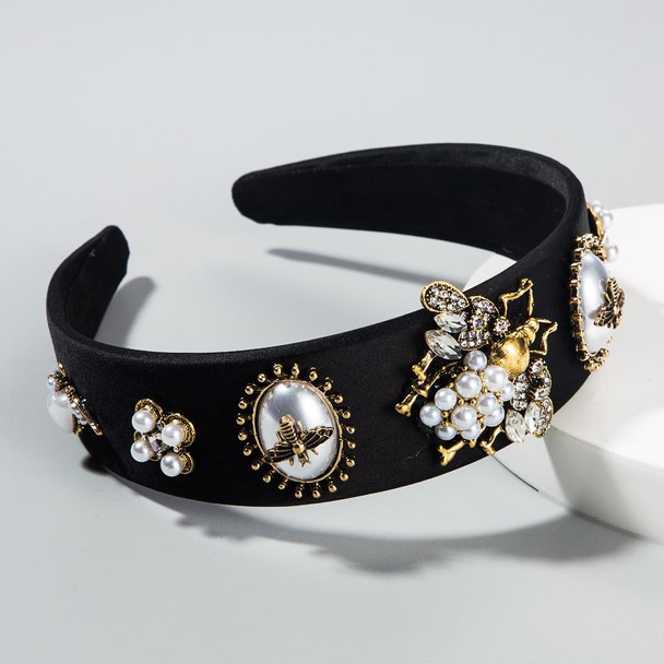 Bee Inlaid Rhinestone Headband Pearl Headband Widen Brim Headband(Black)