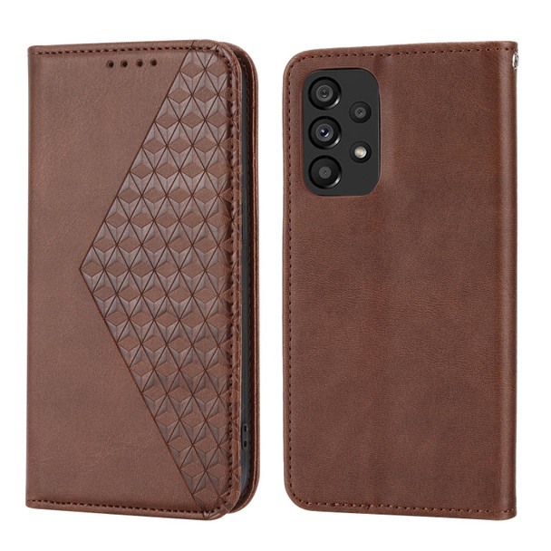 Cubic Grid Calf Texture Magnetic Closure Leatherette Phone Case For Xiaomi Redmi Note 10 4G/Note 10S 4G/Poco M5s 4G/Note 11SE India(Brown)