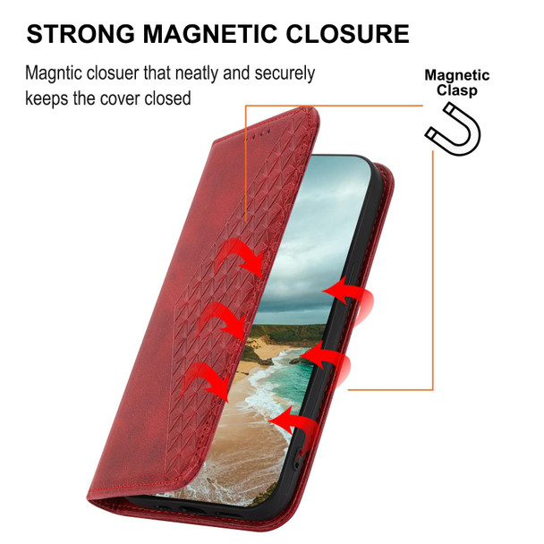 Cubic Grid Calf Texture Magnetic Closure Leatherette Phone Case For Xiaomi Redmi 10 5G/Note 11E 5G/10 Prime+ 5G/Poco M4 5G/11 Prime 5G/Poco M5 (Red)