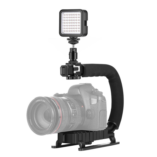 PULUZ U/C Shape Portable Handheld DV Bracket Stabilizer + LED Fill Light Kit with Cold Shoe Tripod Head for All SLR Cameras and Home DV Camera