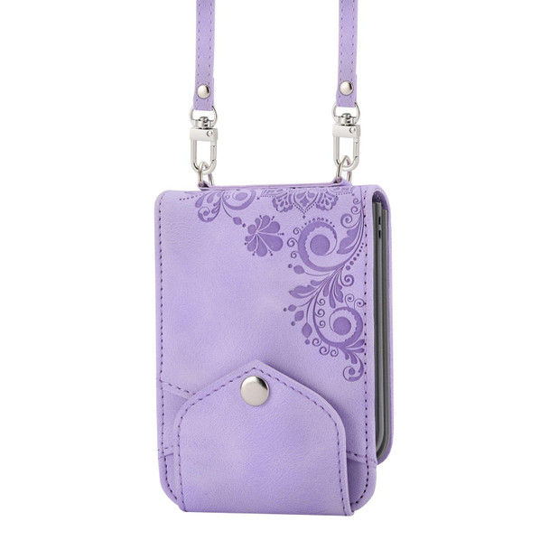 For Samsung Galaxy Z Flip3 5G Skin-feel Flowers Embossed Wallet Leatherette Phone Case(Purple)