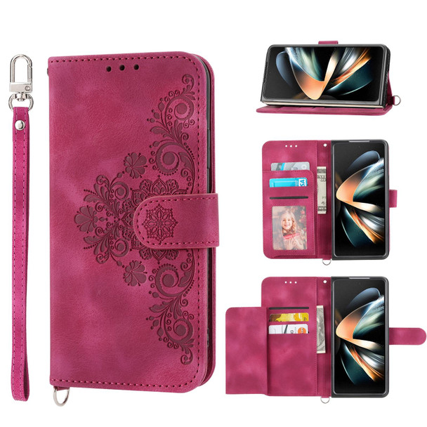 For Samsung Galaxy Z Fold3 5G Skin-feel Flowers Embossed Wallet Leatherette Phone Case(Wine Red)