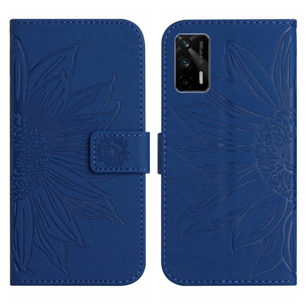 For Realme GT/GT NEO Skin Feel Sun Flower Pattern Flip Leatherette Phone Case with Lanyard(Dark Blue)