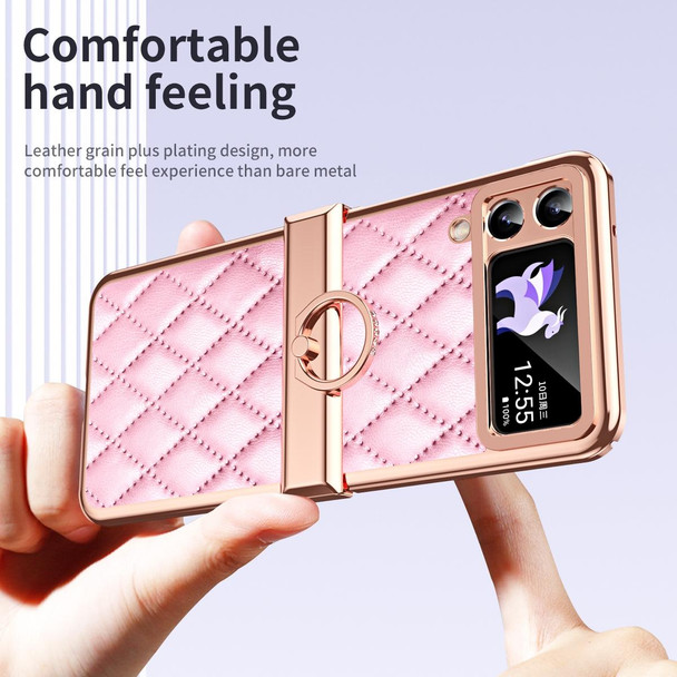 For Samsung Galaxy Z Flip3 5G Grid Leatherette Pattern Electroplating Frame Folding Phone Case(Pink)
