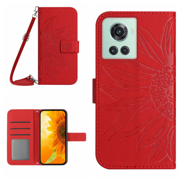 For OnePlus 10R Skin Feel Sun Flower Pattern Flip Leatherette Phone Case with Lanyard(Red)