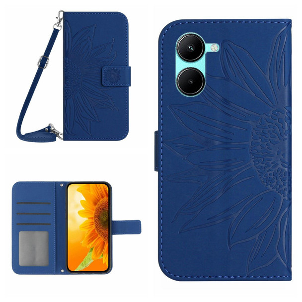 For Realme 10 4G Skin Feel Sun Flower Pattern Flip Leatherette Phone Case with Lanyard(Dark Blue)