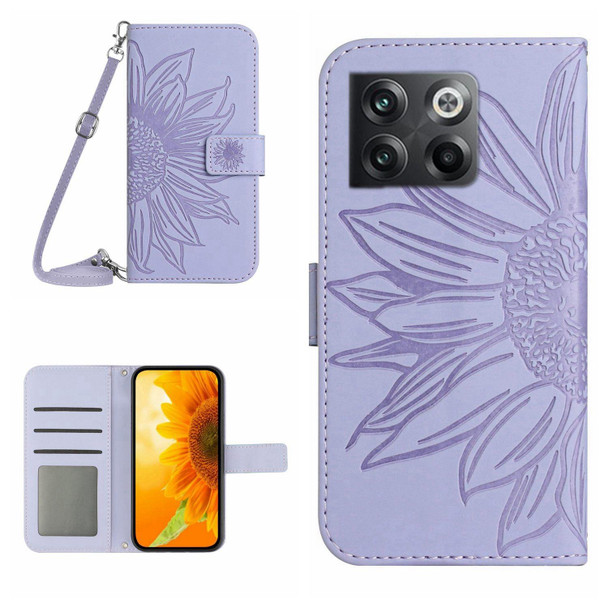 For OnePlus 10T Skin Feel Sun Flower Pattern Flip Leatherette Phone Case with Lanyard(Purple)