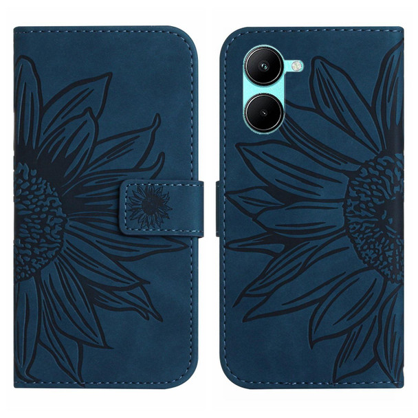 For Realme 10 5G Skin Feel Sun Flower Pattern Flip Leatherette Phone Case with Lanyard(Inky Blue)