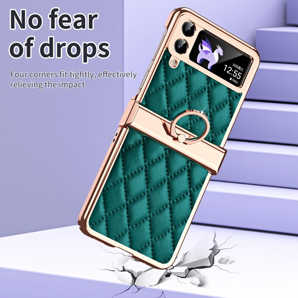 For Samsung Galaxy Z Flip3 5G Grid Leatherette Pattern Electroplating Frame Folding Phone Case(Green)