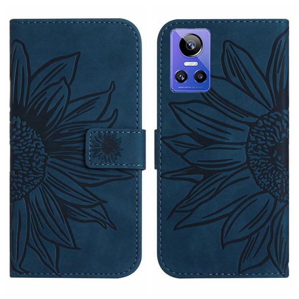 For Realme GT Neo3 Skin Feel Sun Flower Pattern Flip Leatherette Phone Case with Lanyard(Inky Blue)