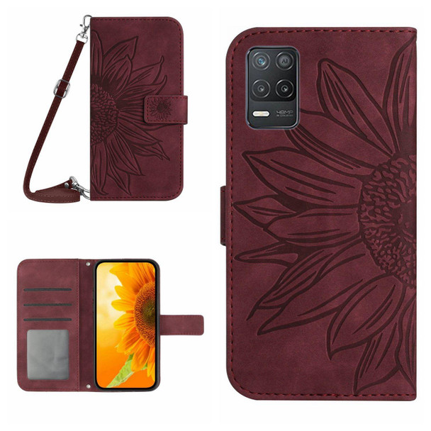 For Realme 8 5G Skin Feel Sun Flower Pattern Flip Leatherette Phone Case with Lanyard(Wine Red)