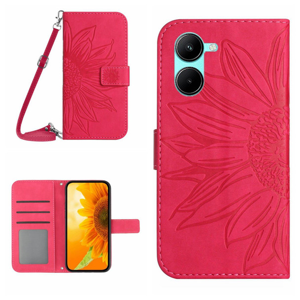 For Realme C33 Skin Feel Sun Flower Pattern Flip Leatherette Phone Case with Lanyard(Rose Red)