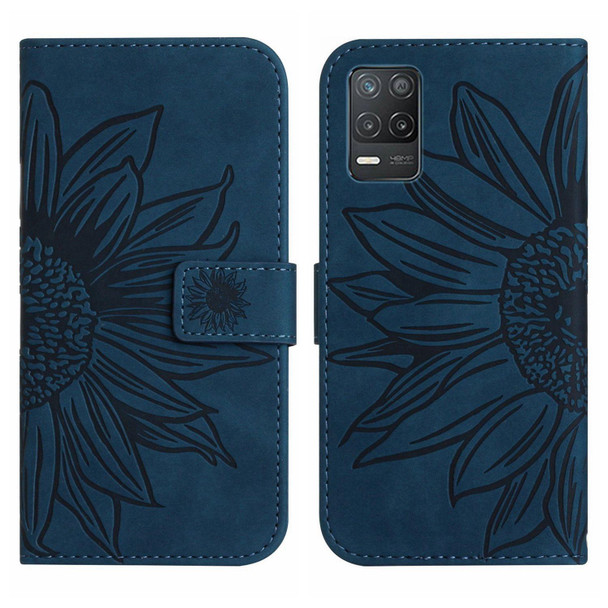 For Realme 8 5G Skin Feel Sun Flower Pattern Flip Leatherette Phone Case with Lanyard(Inky Blue)