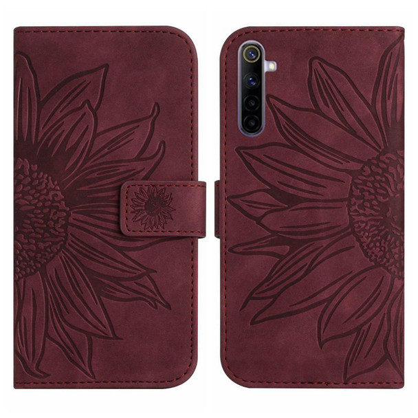 For Realme 6 Pro Skin Feel Sun Flower Pattern Flip Leatherette Phone Case with Lanyard(Wine Red)