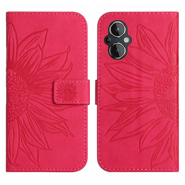 For OPPO Reno7 Lite/Reno8 Lite/Reno7 Z 5G Skin Feel Sun Flower Pattern Flip Leatherette Phone Case with Lanyard(Rose Red)