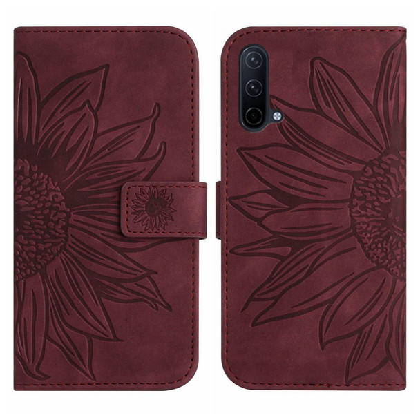 For OnePlus Nord CE 5G Skin Feel Sun Flower Pattern Flip Leatherette Phone Case with Lanyard(Wine Red)