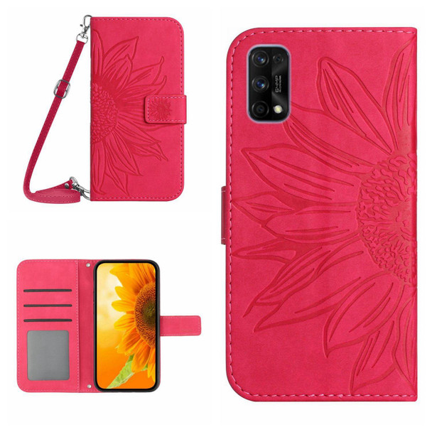 For Realme 7 Pro Skin Feel Sun Flower Pattern Flip Leatherette Phone Case with Lanyard(Rose Red)