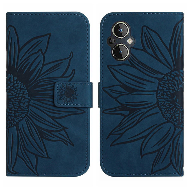 For OPPO Reno7 Lite/Reno8 Lite/Reno7 Z 5G Skin Feel Sun Flower Pattern Flip Leatherette Phone Case with Lanyard(Inky Blue)