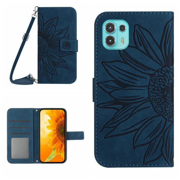 For Motorola Moto Edge 20 Lite Skin Feel Sun Flower Pattern Flip Leatherette Phone Case with Lanyard(Inky Blue)