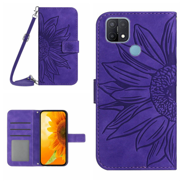 For OPPO A15/A15S Skin Feel Sun Flower Pattern Flip Leatherette Phone Case with Lanyard(Dark Purple)