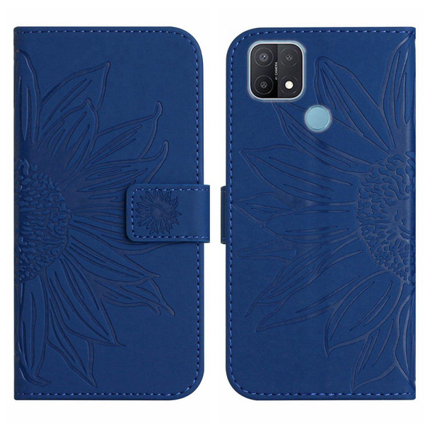 For OPPO A15/A15S Skin Feel Sun Flower Pattern Flip Leatherette Phone Case with Lanyard(Dark Blue)