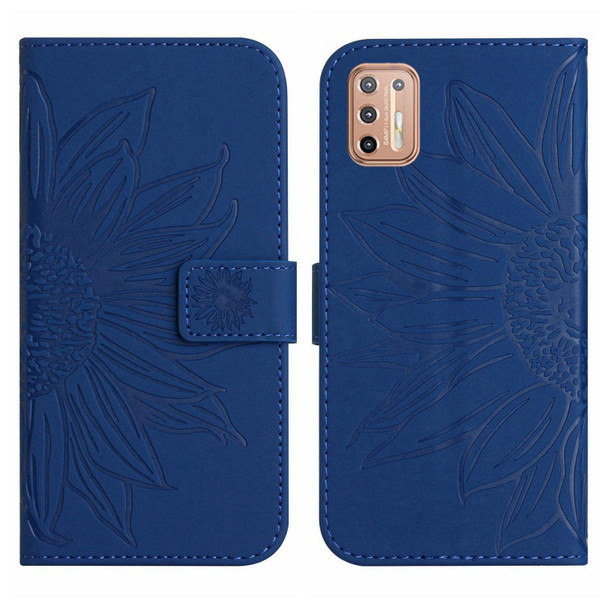 For Motorola Moto G9 Plus Skin Feel Sun Flower Pattern Flip Leatherette Phone Case with Lanyard(Dark Blue)