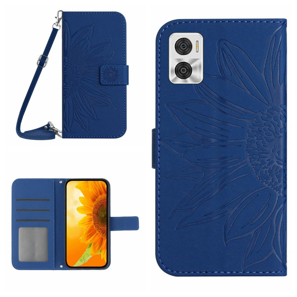 For Motorola Moto E22 4G/E22i 4G Skin Feel Sun Flower Pattern Flip Leatherette Phone Case with Lanyard(Dark Blue)