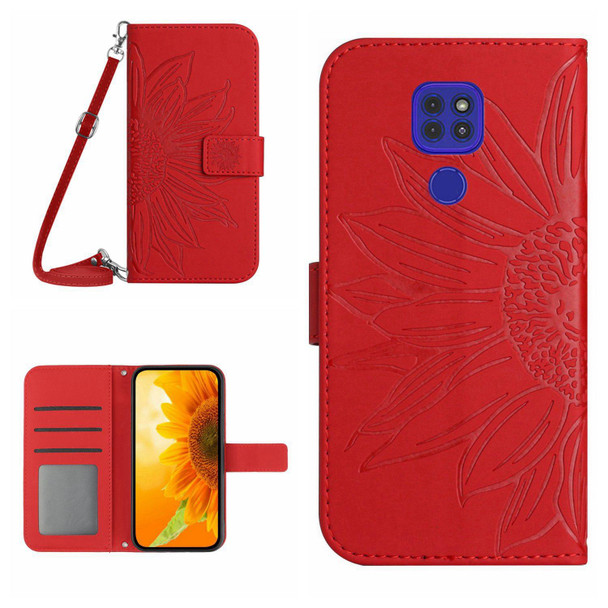 For Motorola Moto E7 Plus/G9/G9 Play Skin Feel Sun Flower Pattern Flip Leatherette Phone Case with Lanyard(Red)