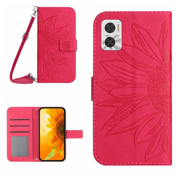 For Motorola Moto E22 4G/E22i 4G Skin Feel Sun Flower Pattern Flip Leatherette Phone Case with Lanyard(Rose Red)