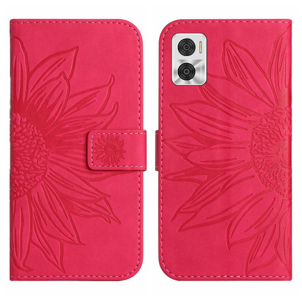 For Motorola Moto E22 4G/E22i 4G Skin Feel Sun Flower Pattern Flip Leatherette Phone Case with Lanyard(Rose Red)