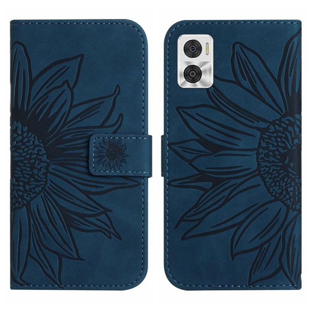 For Motorola Moto E22 4G/E22i 4G Skin Feel Sun Flower Pattern Flip Leatherette Phone Case with Lanyard(Inky Blue)