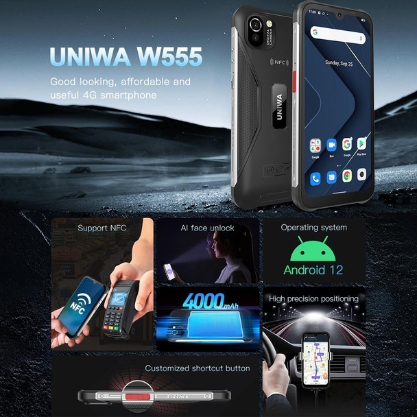 UNIWA W555 Rugged Phone, 3GB+32GB, Dual Rear Cameras, IP68 Waterproof Dustproof Shockproof, 5.71 inch Android 12.0 MTK6761 Quad Core up to 2.0GHz, Network: 4G, NFC, OTG, Global Version (Black)