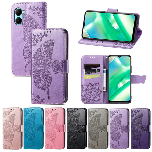 For OPPO Realme C33 Butterfly Love Flower Embossed Leatherette Phone Case(Purple)